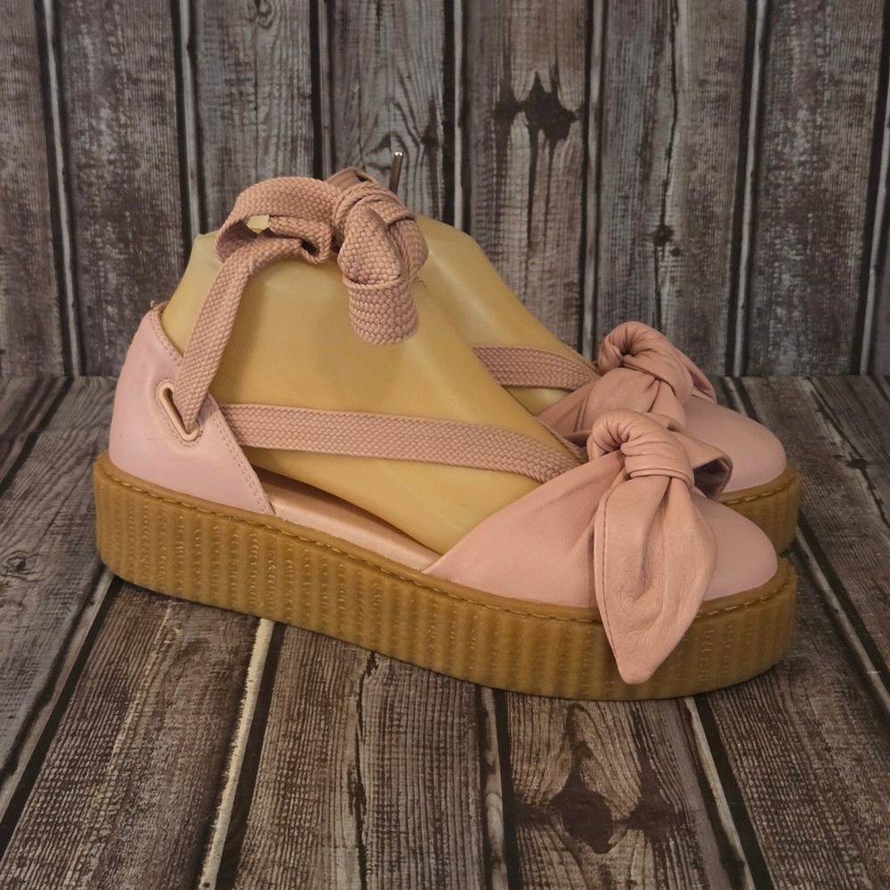Sz 7.5 Womens Puma Fenty Rihanna Pink Leather Bow Creeper Sandals Shoes VGUC